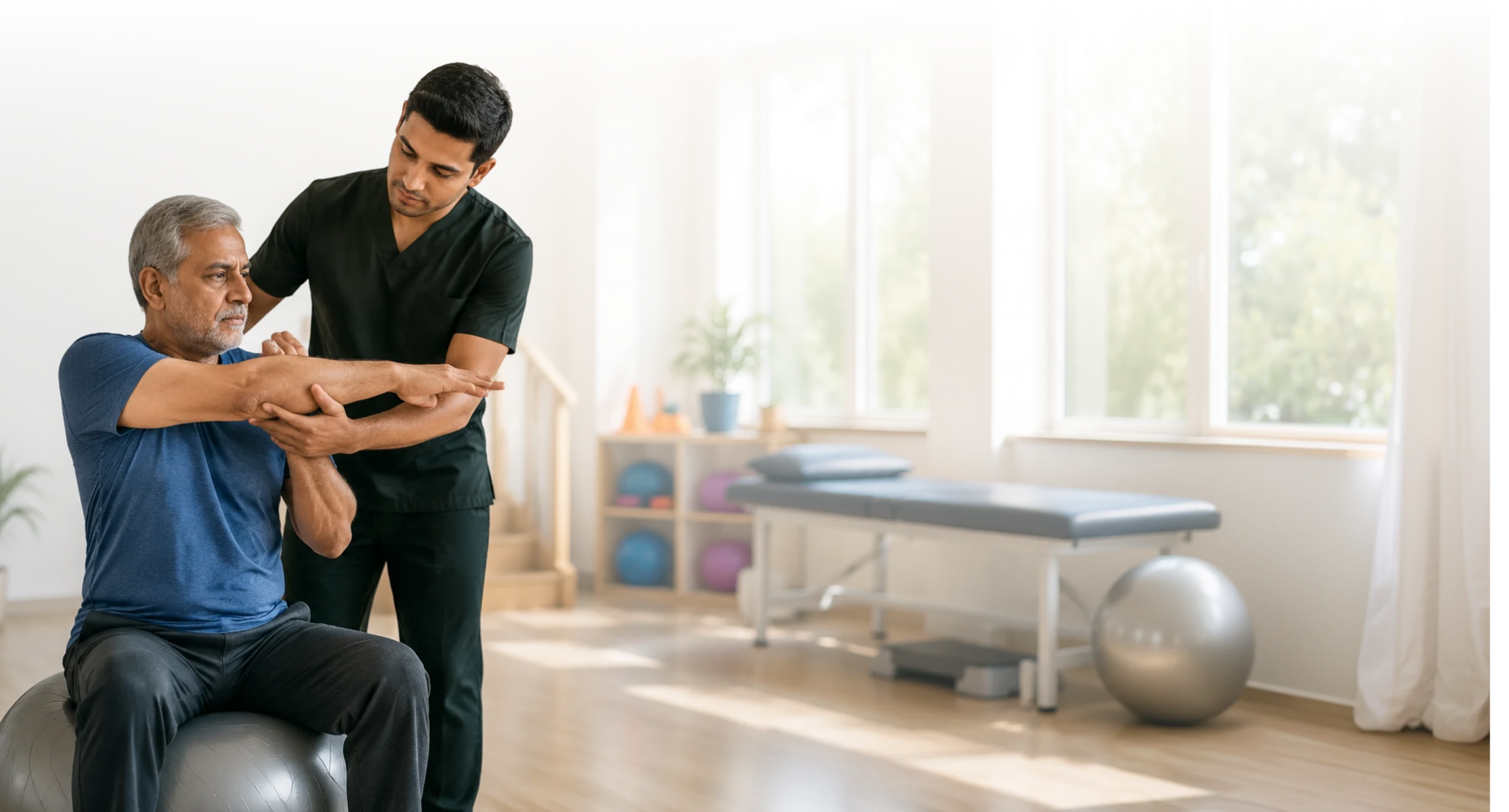 Rehabilitation team working with a patient on strength and mobility training