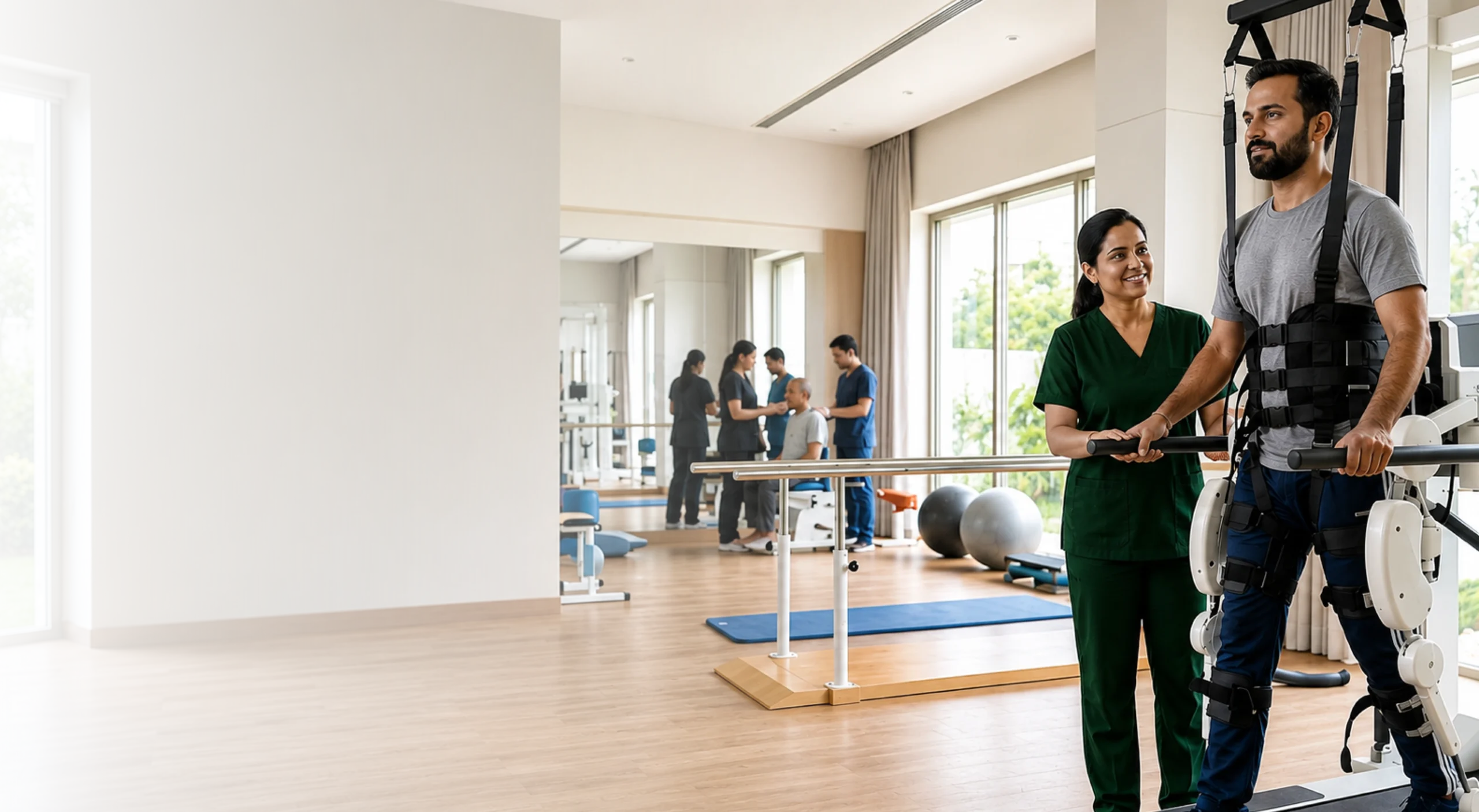 Physiotherapist supporting a patient during gait training at a rehabilitation centre